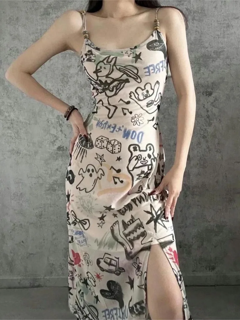 Fold Through Halter Strap Long Dress Hip Hop Girls Punk Cartoon Graphic Pattern Dresses Women Japanese Korean Summer Sexy Dress