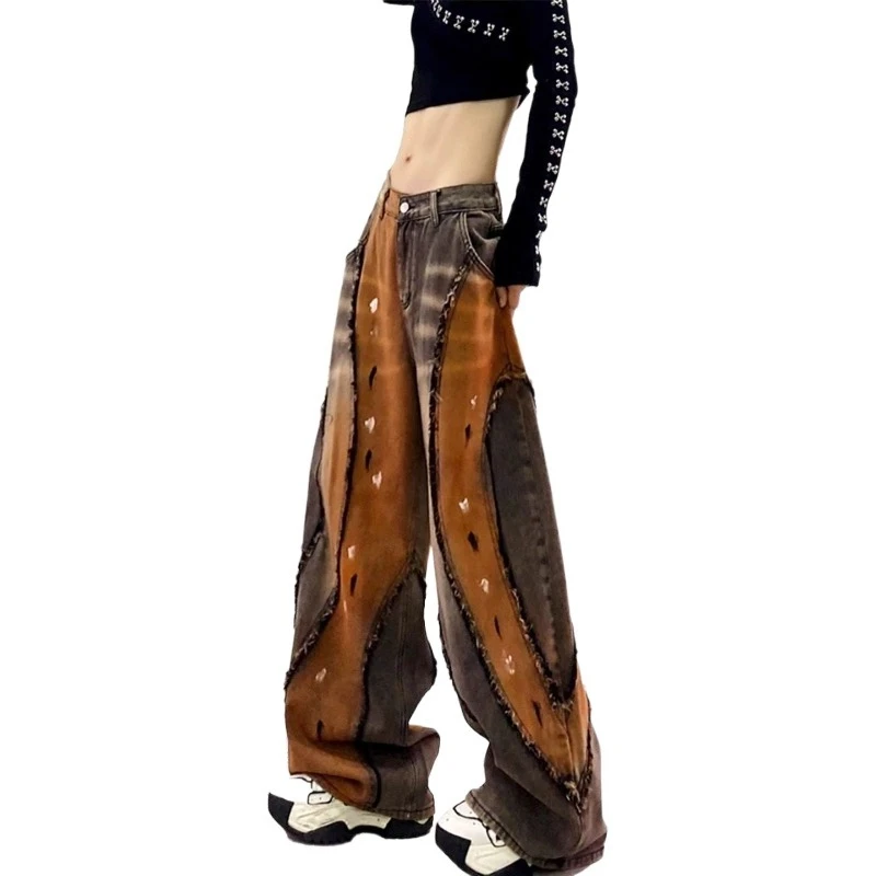 New Splicing Ripped Wide-leg Women's Spring Summer Unique Chic Straight Trendy Washed Float-mopping Jeans Exquisite Simplicity