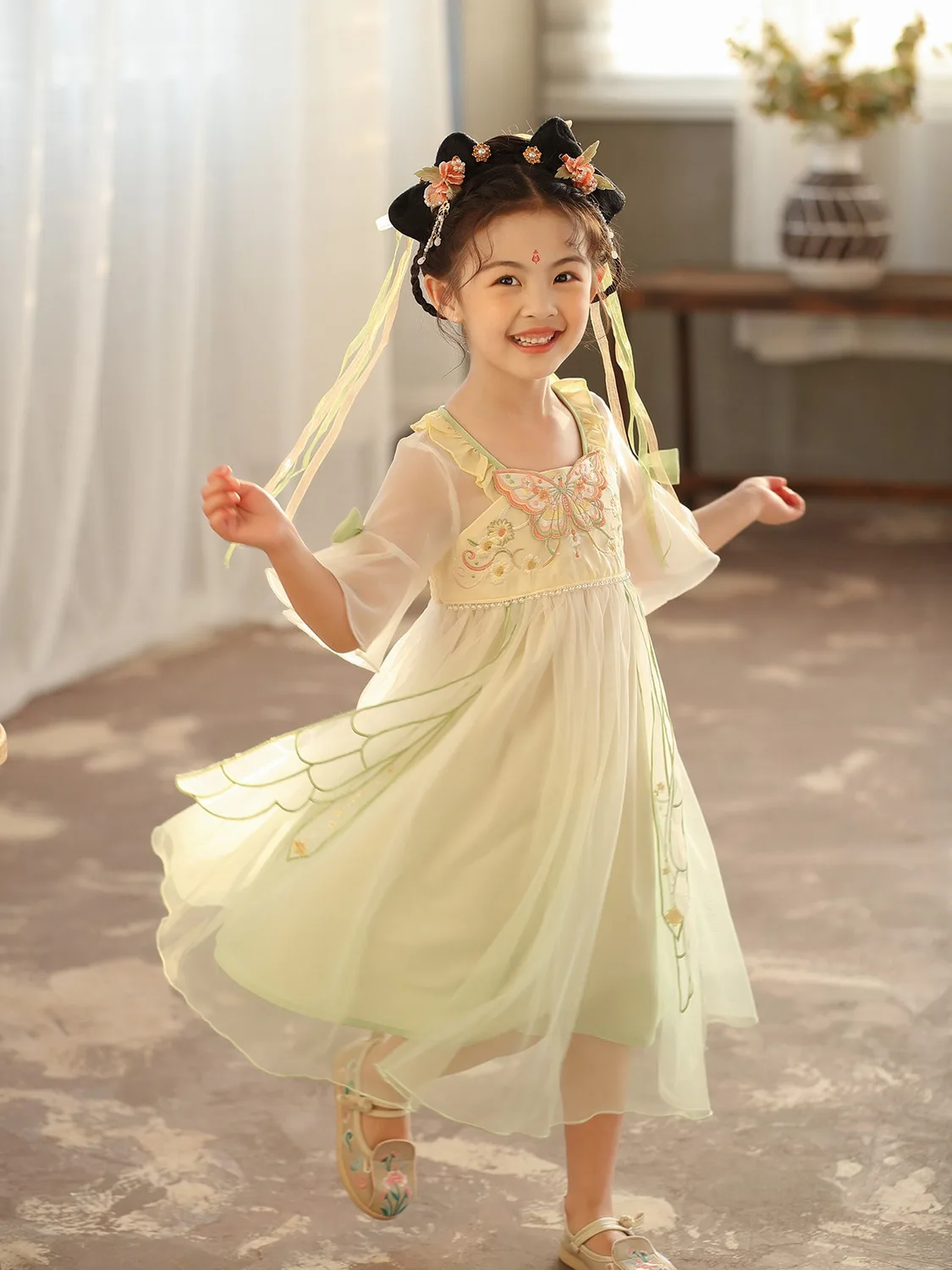 فستان أميرة فراشة مطرز للأطفال هانفو ، فستان هان شبكي طويل ، على الطراز الصيني الجديد ، الصيف ،