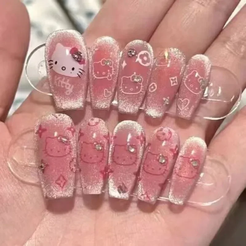 10pcs Ins Fashion Hello Kitty Anime Kawaii Sanrio Hand-worn Nail Cute Cartoon Student Removable Nail Sticker Patch Girls Gifts