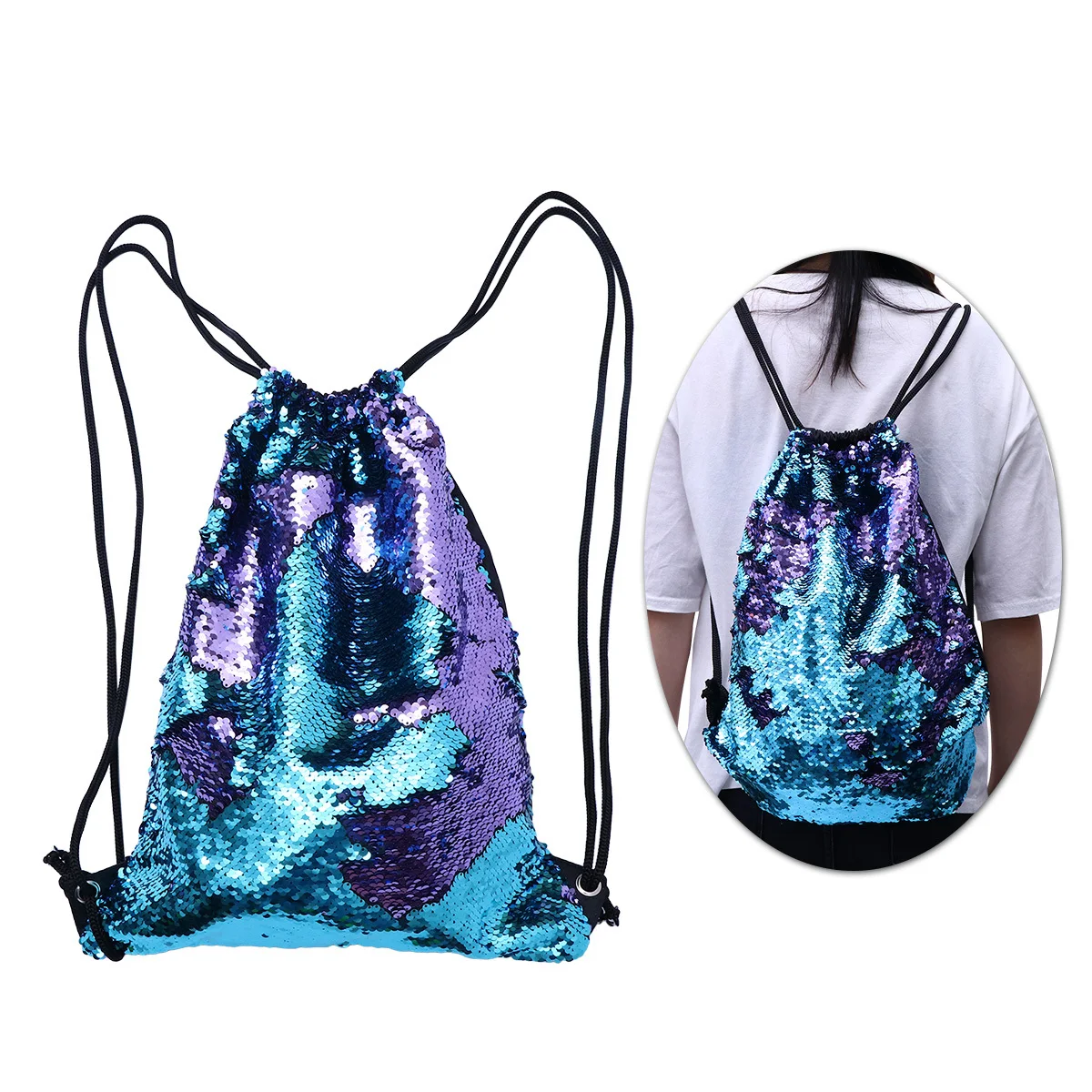 Blue Purple Sequin Backpack Premium Cloth Large Capacity Mermaid Drawstring Sack for Travel Hiking Beach School Women