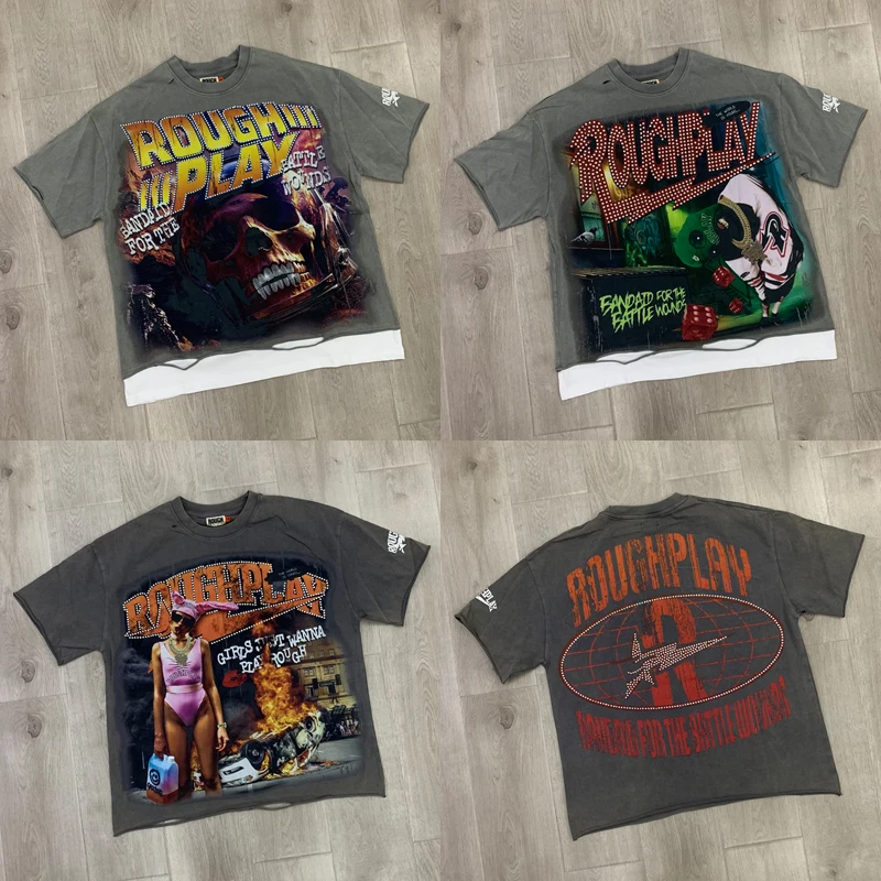 

Новое поступление, грубая игра с коротким рукавом для мужчин и женщин, уличная ретро-высококачественная футболка с ромбовидным принтом ROUGHPLAY