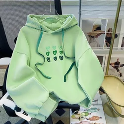 Spring Autumn Girl Hoodies Loose Sweatshirts Love Heart Embroidery Hooded Pullovers Fruit Green Drawstring Casual Clothing