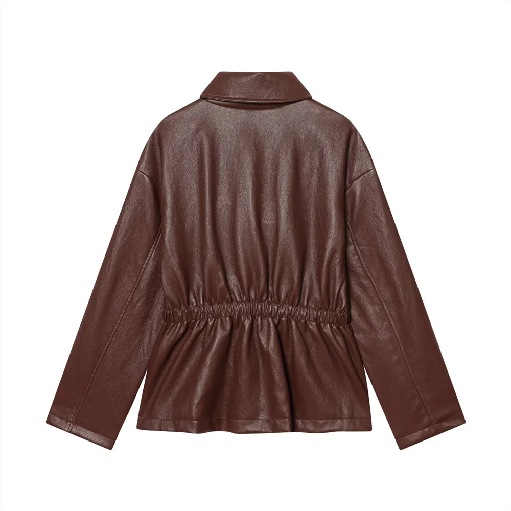 2026 New Women's Fashion Long Sleeve Turn-Down Collar Elastic Waist Synthetic Leather Jacket Short Coat