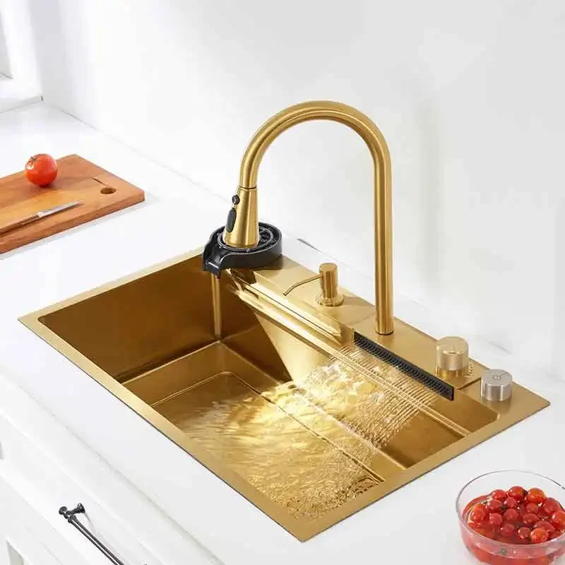 gold kichen sink Waterfall faucet Nano golden sink Stainless Steel Golden Topmount Single Bowl Wash Basin with Cup washer