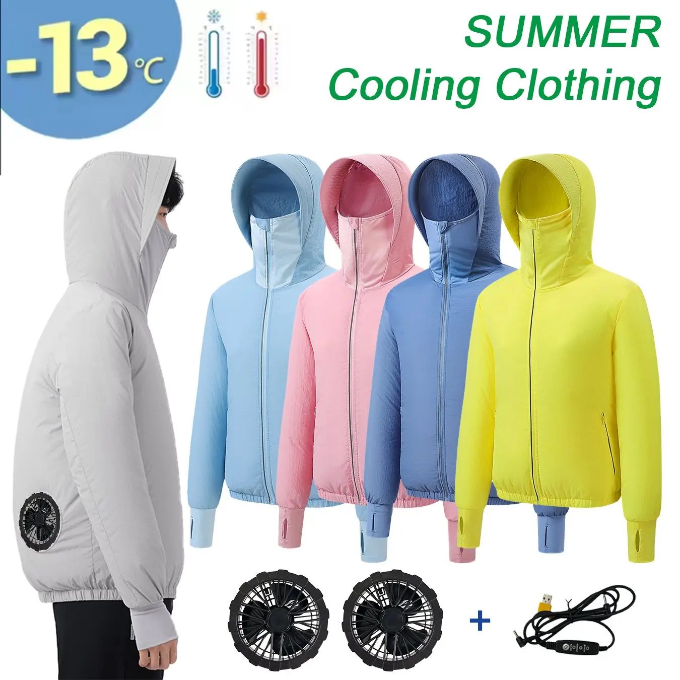 

Мужское уличное летнее пальто USB с электрическим вентилятором, охлаждающие куртки, мужская одежда с вентилятором кондиционера, USB-тепловой удар, летняя куртка с капюшоном