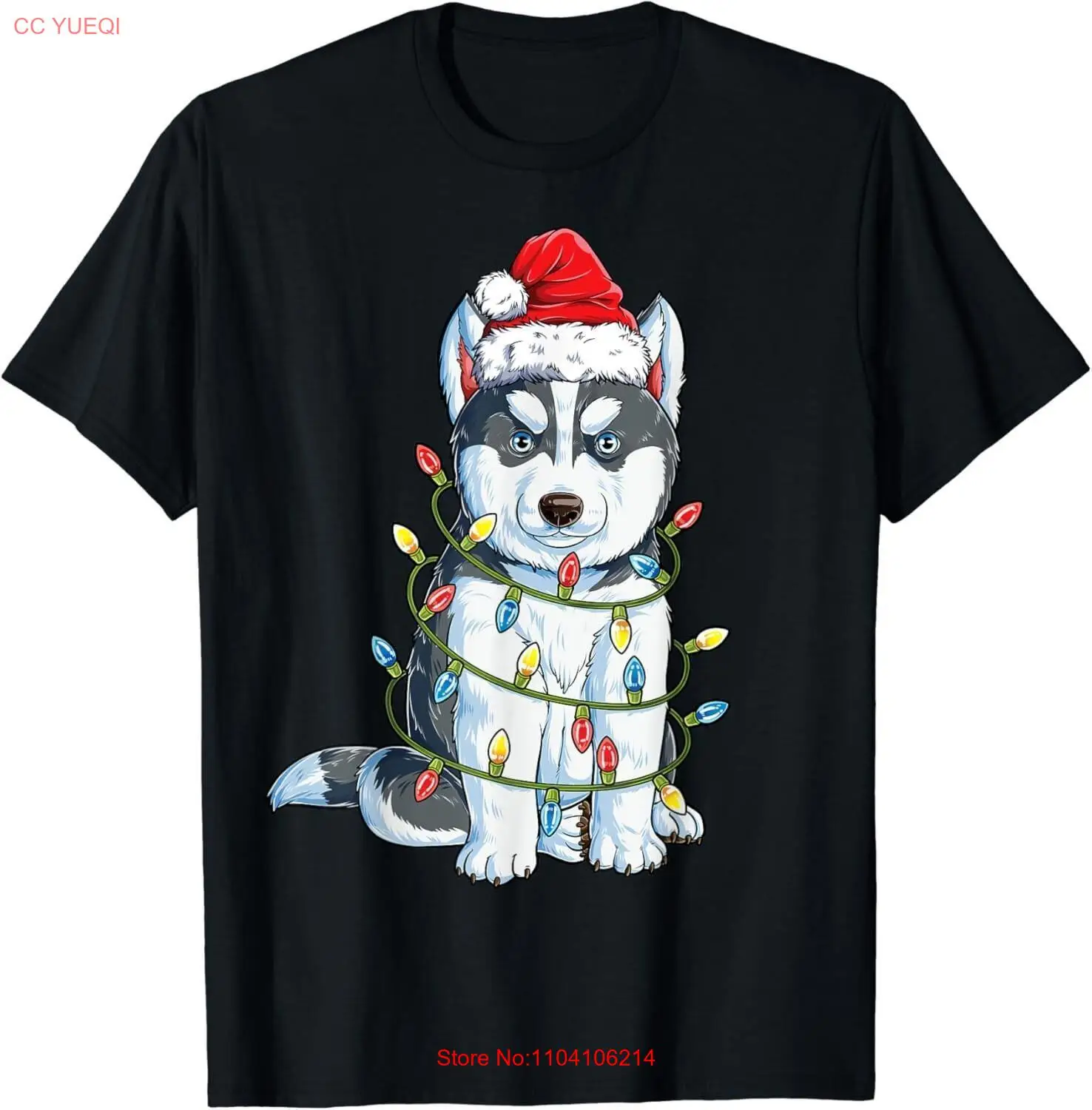 Siberian Husky Santa Christmas Tree Lights Xmas Boys Dog Gift Unisex T-Shirt.