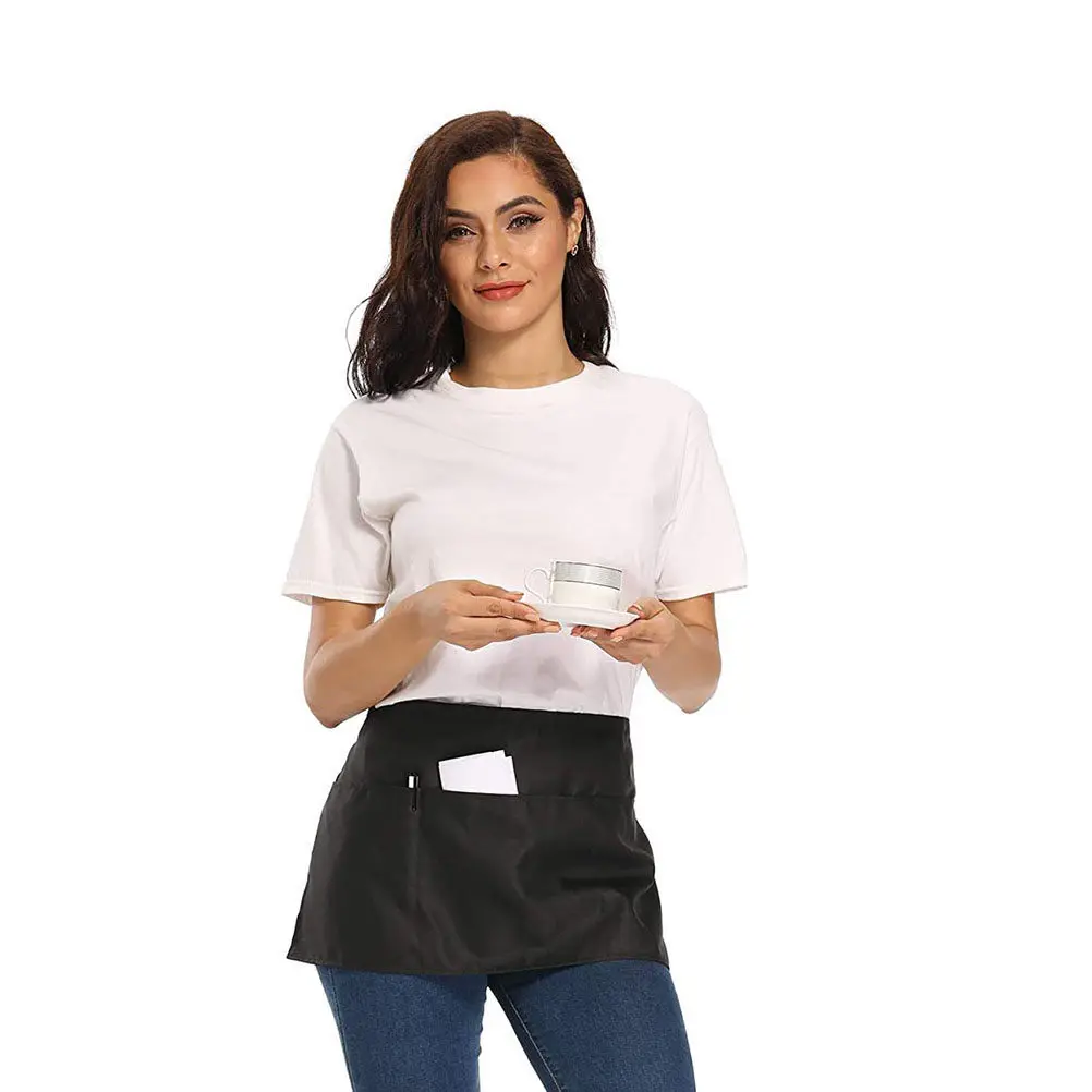 

2Pcs Unisex Short Waist Apron for Chef Waiter Waitress Polyester Cotton Half-Length Kitchen Apron with Pocket Shrink-Proof