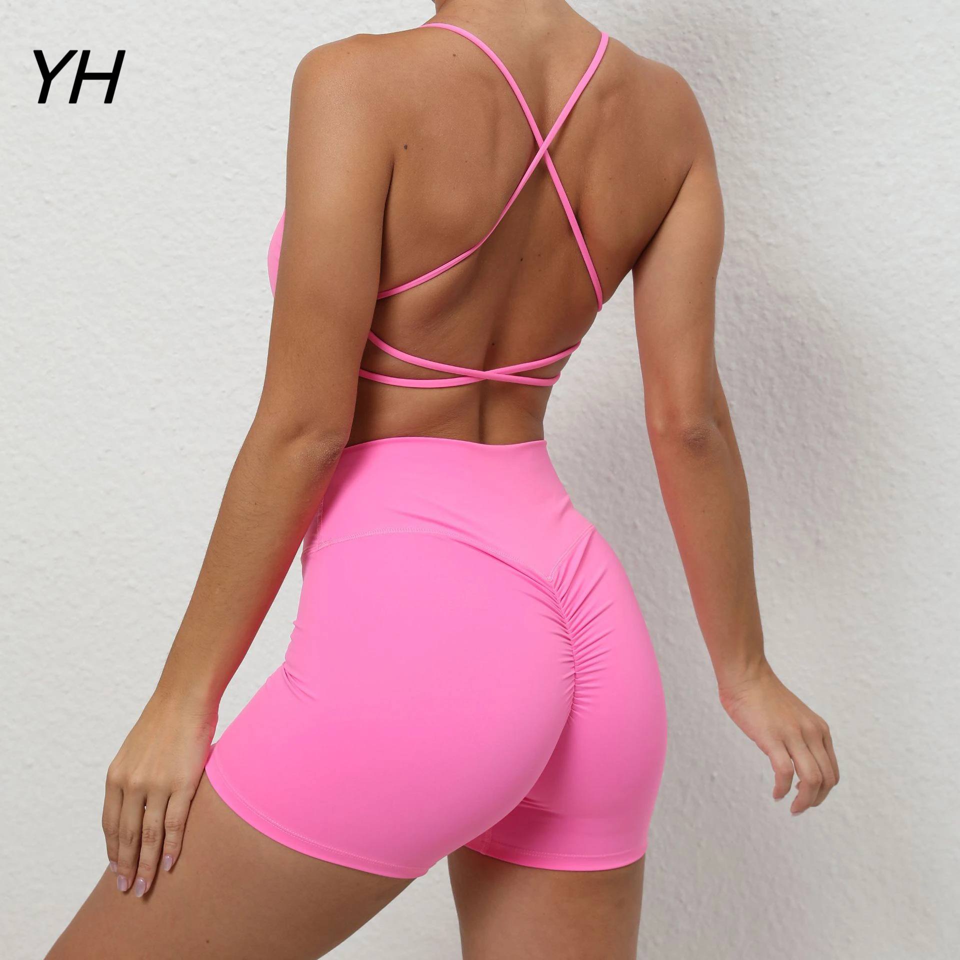 

New 2 Piece Naked Feel Yoga Set Women Fitness Sportswear Cross Strap Sports Bra High Waist Gym Shorts Workout Outfit Active Wear