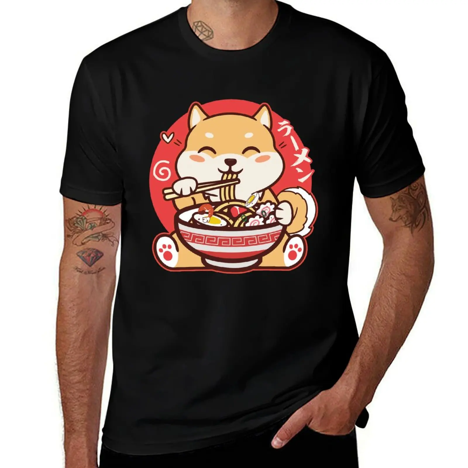 

Kawaii Shiba Inu Eating Ramen T-Shirt t shirts for man slim fit t shirts for man graphic vintage cotton tshirt 100% T-shirt