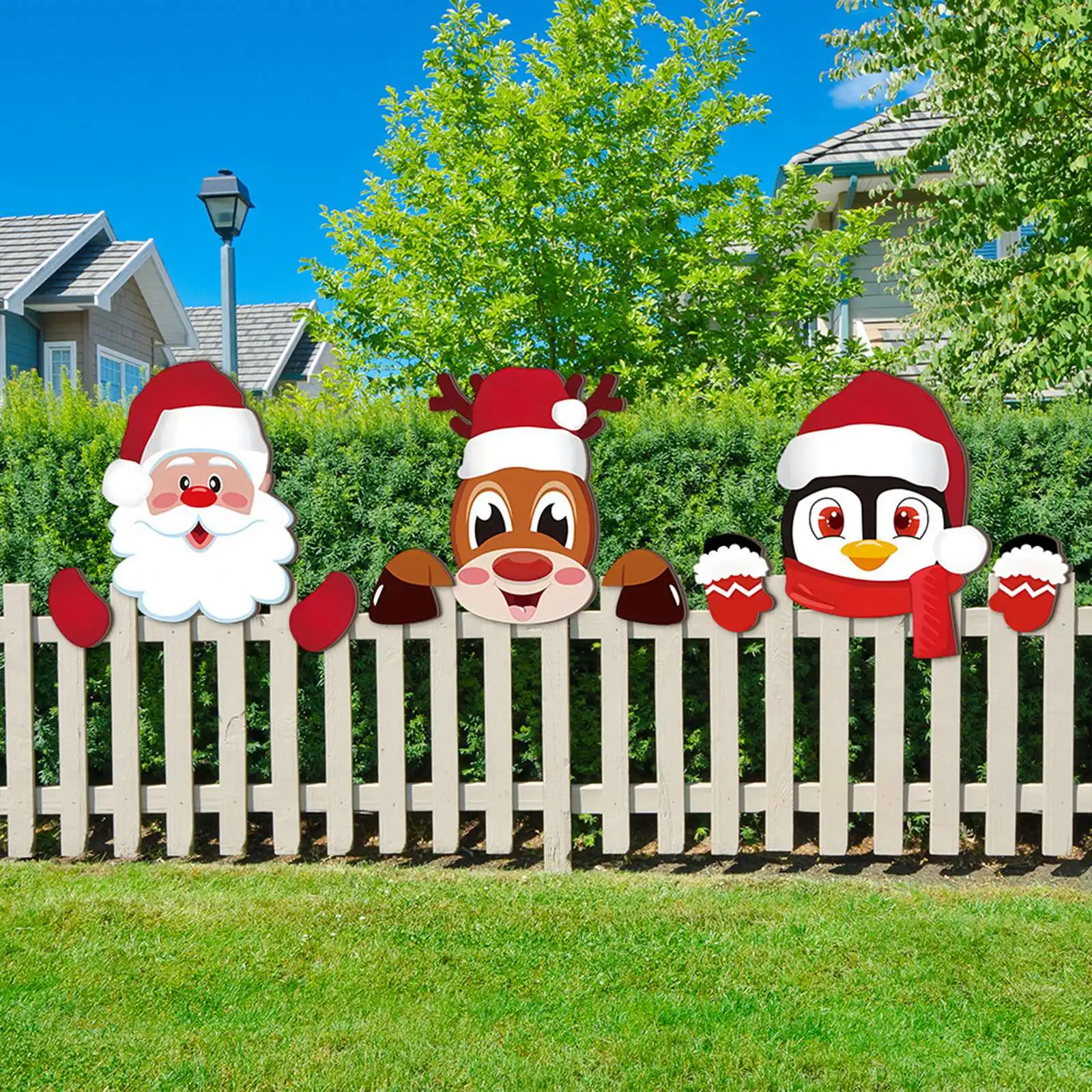 3Pcs Christmas Wooden Garden Stake Set Wood Fence Yard Sign Outdoor Lawn Patio Fence Ornament for Xmas Holiday Decoration