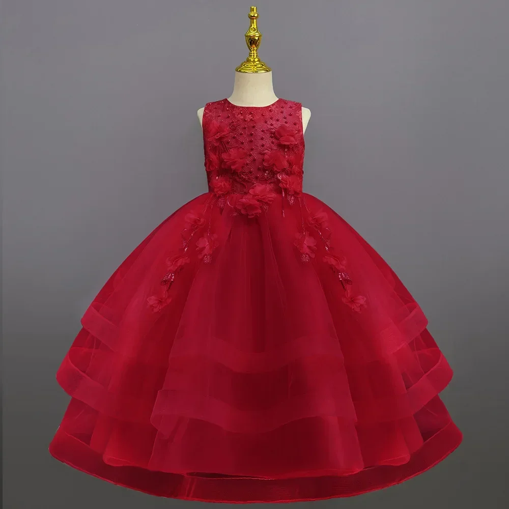 Vestito per bambini, vestito da principessa, nuovo abbigliamento per bambini transfrontaliero, gonna a sbuffo in rete per bambini a fiori, pianoforte da ragazza che ospita