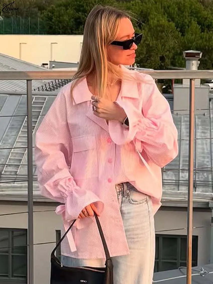 

Oymimi Elegant Pink Print Woman Blouses Fashion Long Sleeve Lace-Up Pockets Blouses Autumn Single Breasted Shirts Streetwear