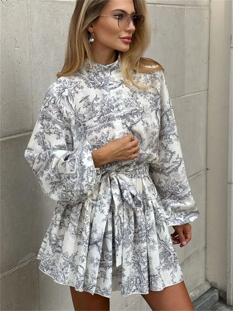 

Vintage Printed Lace-Up Mini Dress For Women Fashion Ruffled Pleated Dress Bandage Long Sleeve High Street Women's Dress