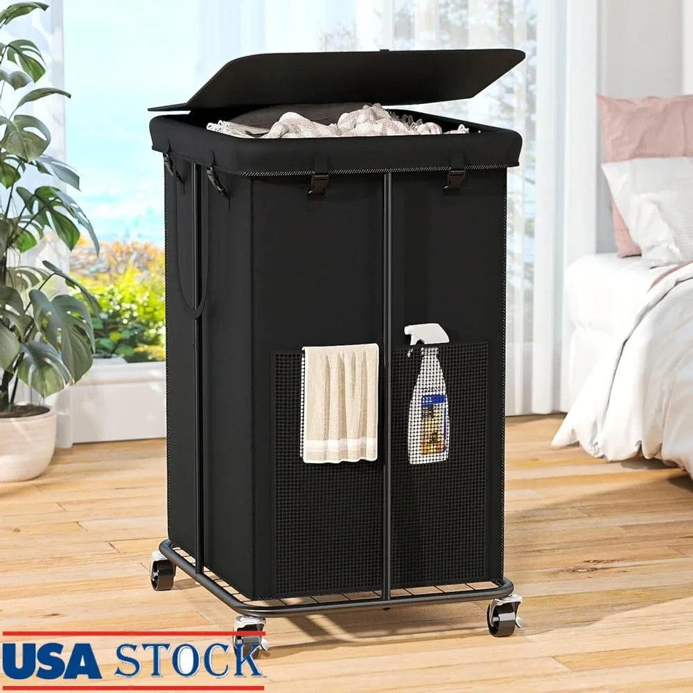 

150л роликовая корзина для белья с крышкой, прочный металлический каркас, съемная сумка на колесах, пылезащитная портативная корзина для хранения, сумки для одежды