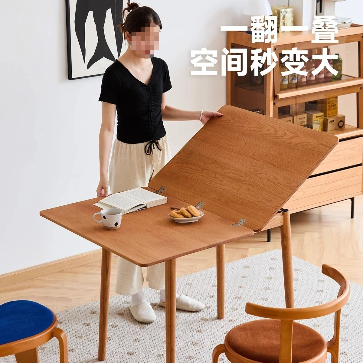 Solid wood dining table, foldable, Nordic small square table, cherry wood