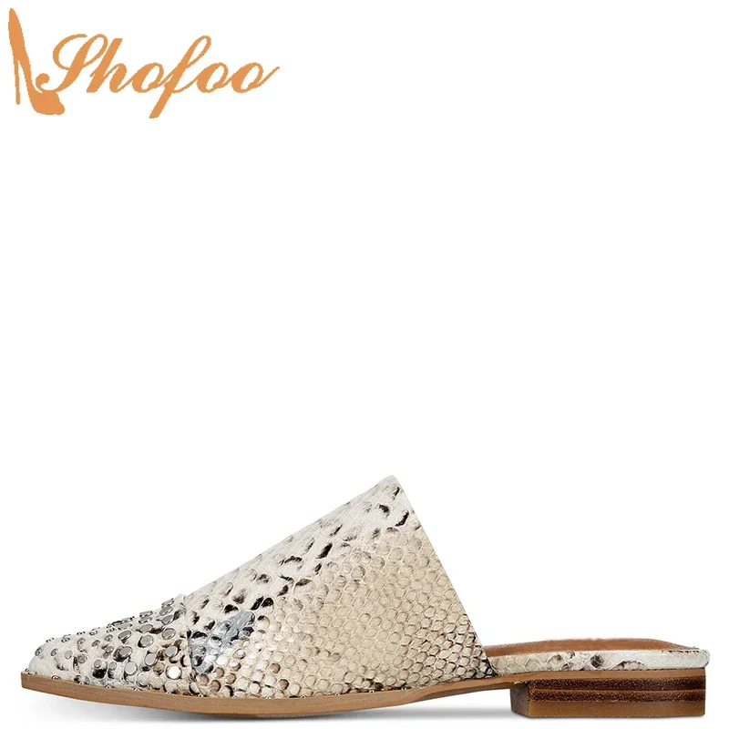 

Natural Snake Skin Rivets Women Mules Outside Slippers Low Heels Pointed Toe Large Size 13 16 Ladies Fashion Mature Shoes Shofoo