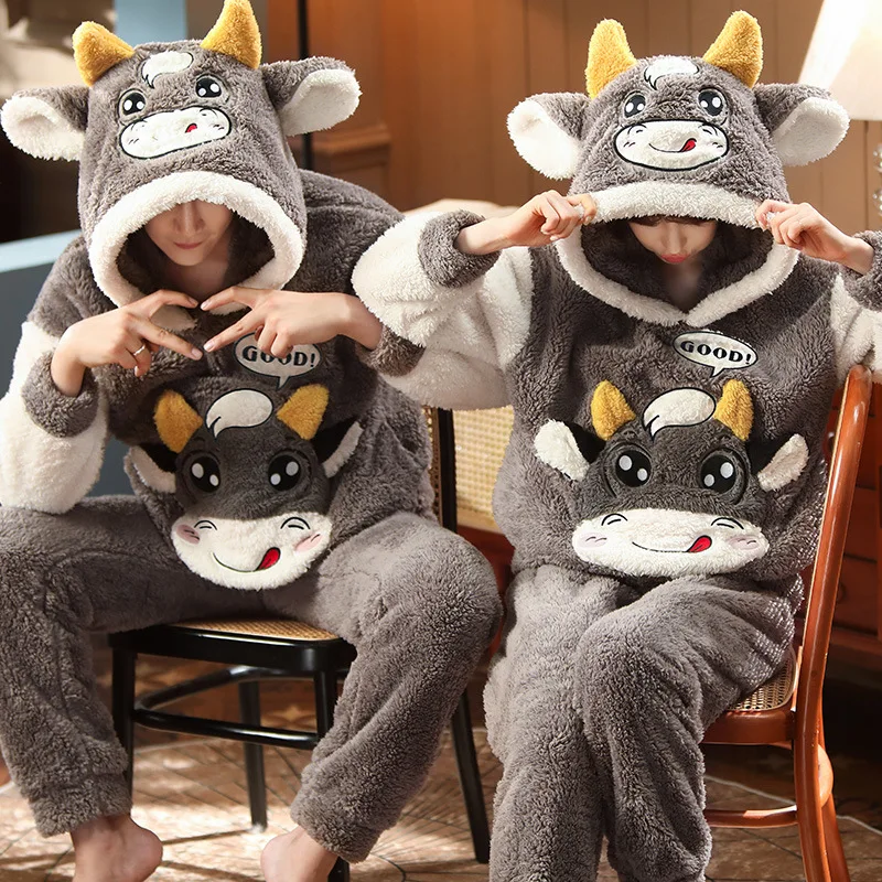 Winter Couples Pajama Sets Women Men Pyjamas Hoodies Sleepwear Thicken Soft Warm Cartoon Cat Lovely Lovers Pijamas Suit