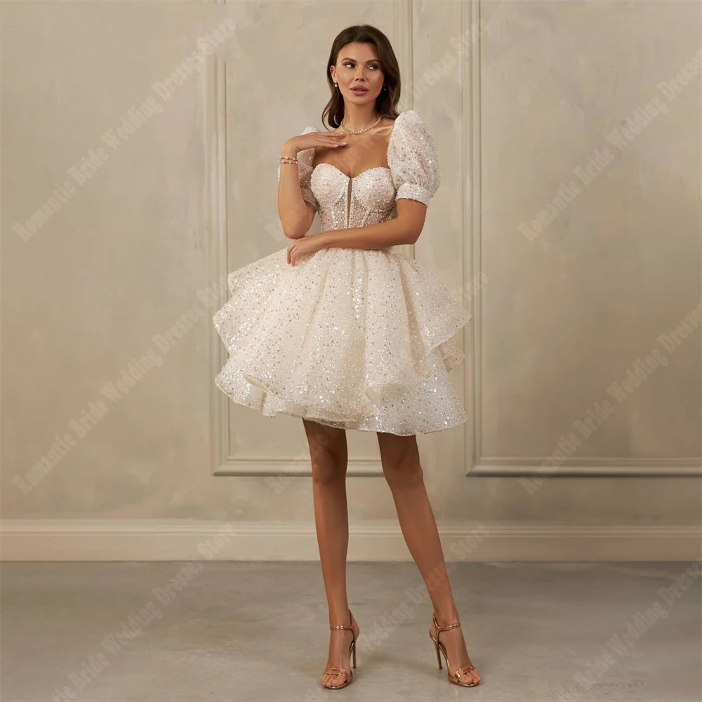 Elegant Shining Mini Short Wedding Dresses Sexy Short Sleeves Bridal Gowns Advanced customization Vestidos De Novias Customized
