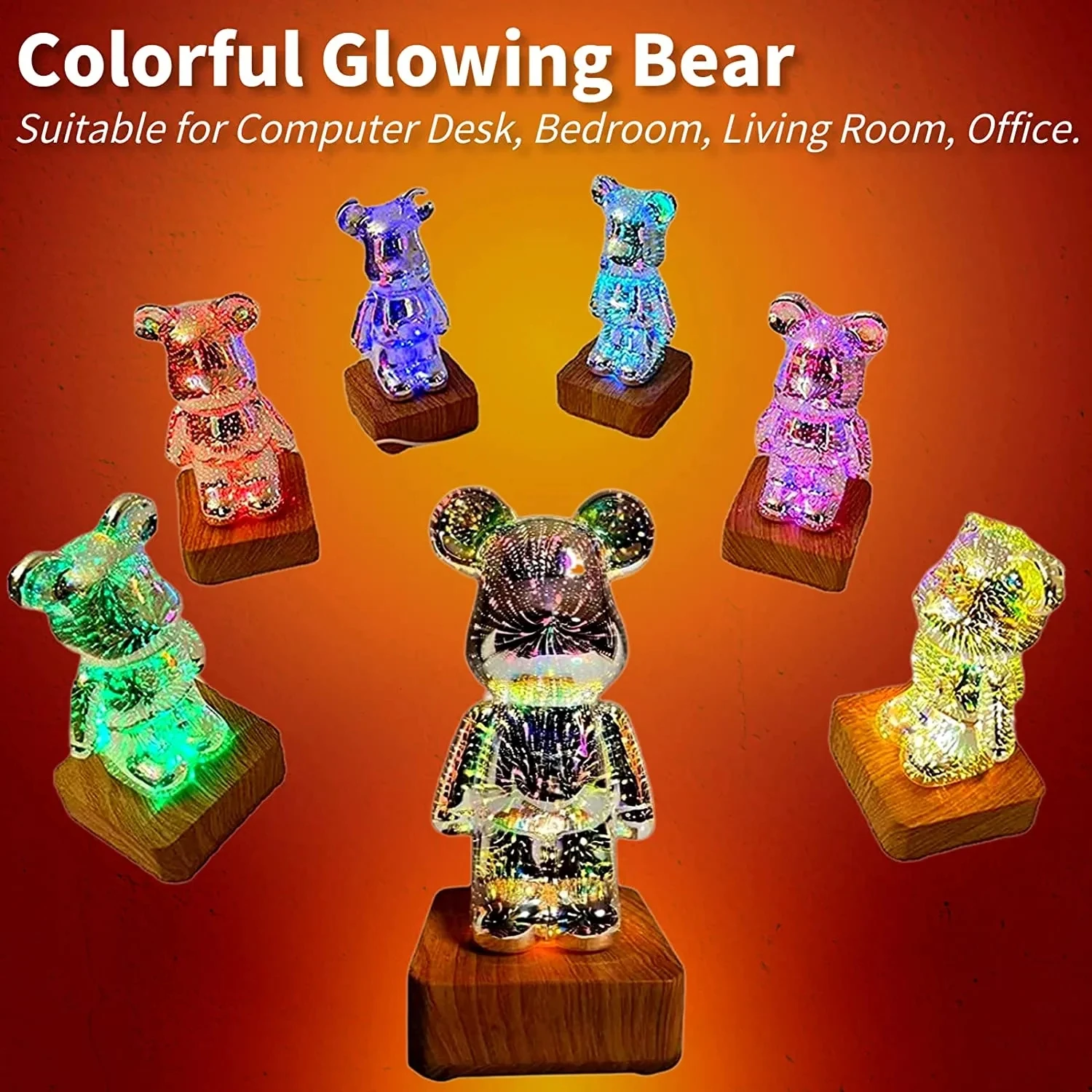 3D Fireworks Bear Night Light Projection Colorful USB Atmosphere Dimming Living Decorative Decor Room 3D Glass Fireworks Bedroom