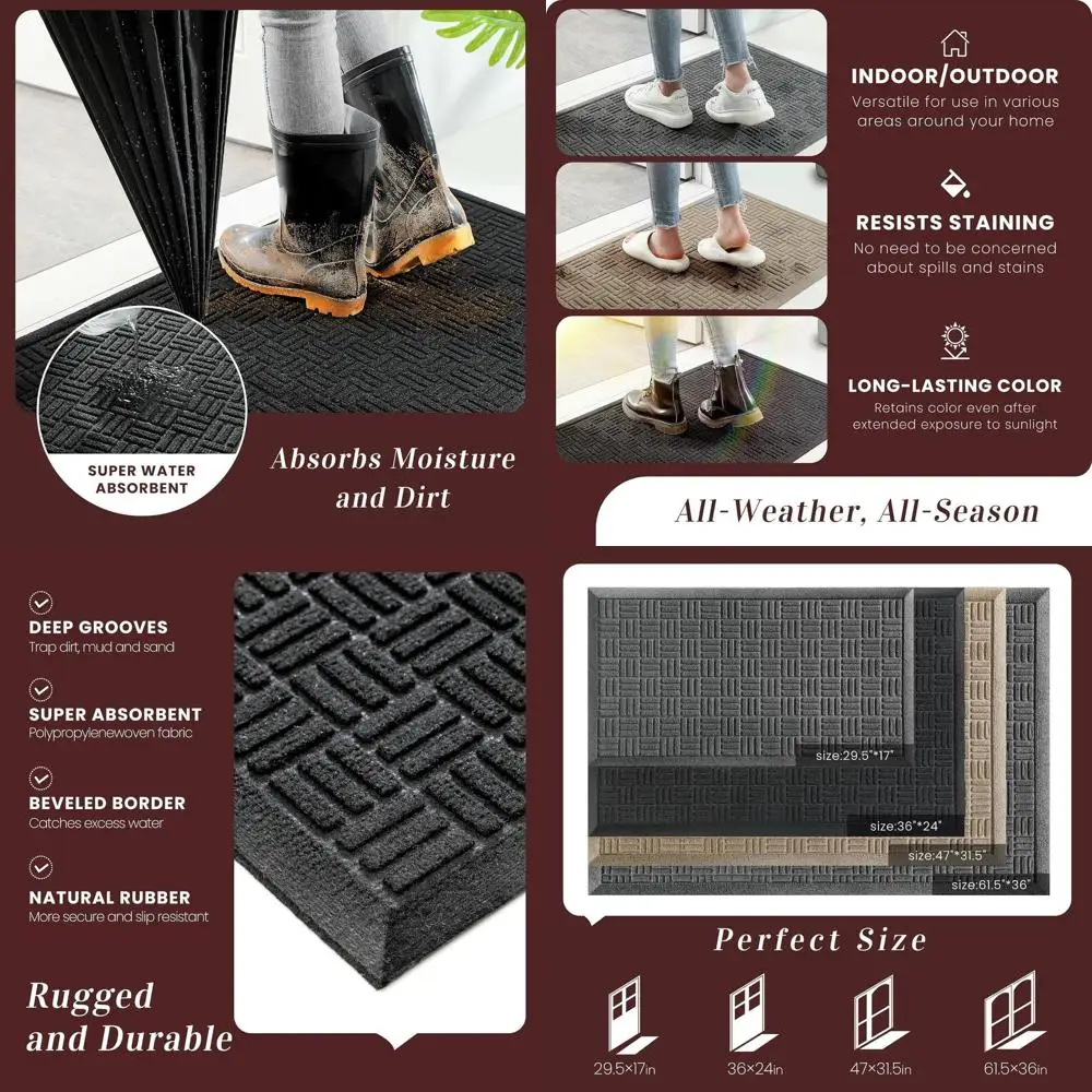 

Всесезонный водонепроницаемый коврик для прихожей - нескользящий, из прочной резины, легко чистится, 47 x 31.5, черный