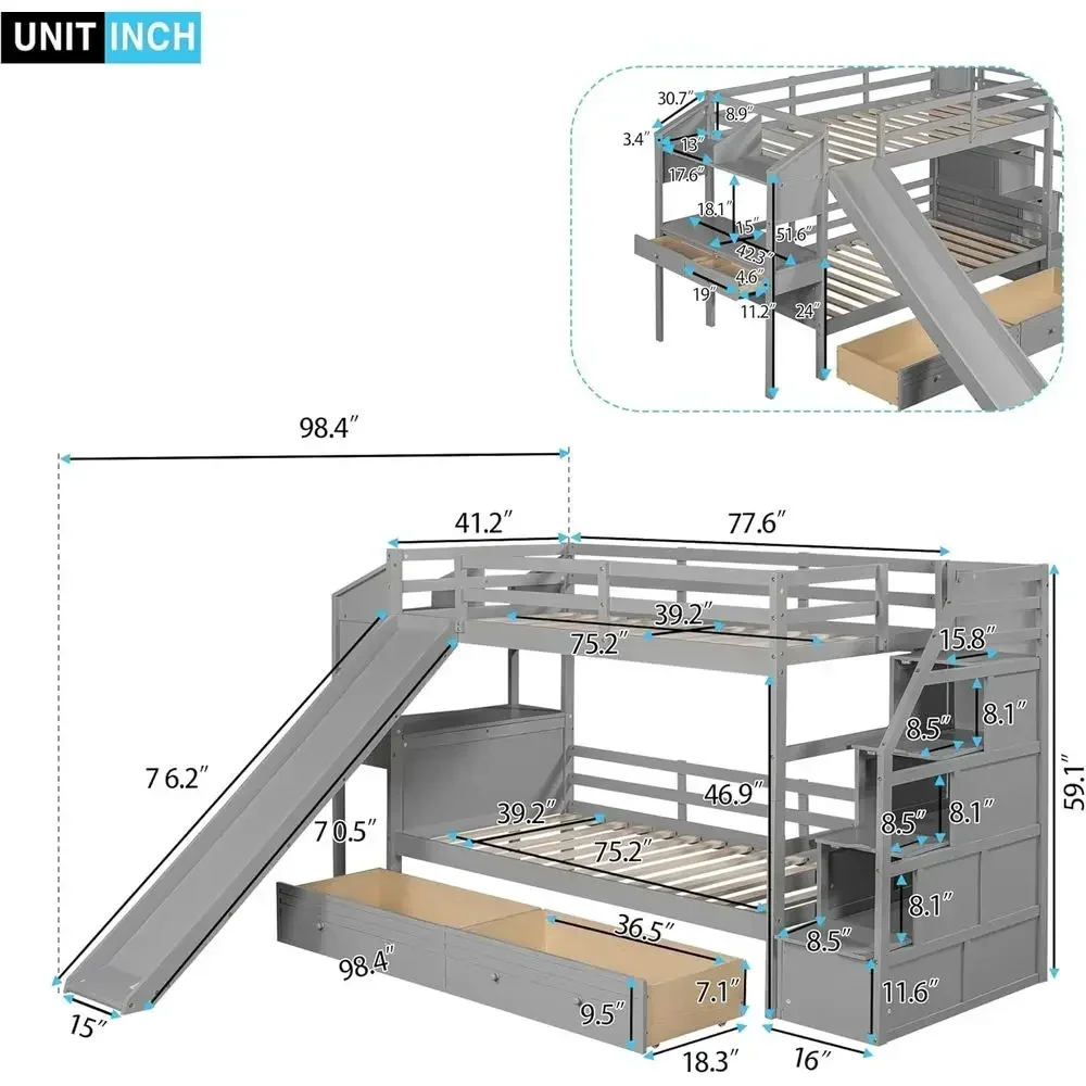 Twin Over Twin Staircase Bunk Bed with Slide, Desk, Storage Drawers and Shelves for Kids in Gray