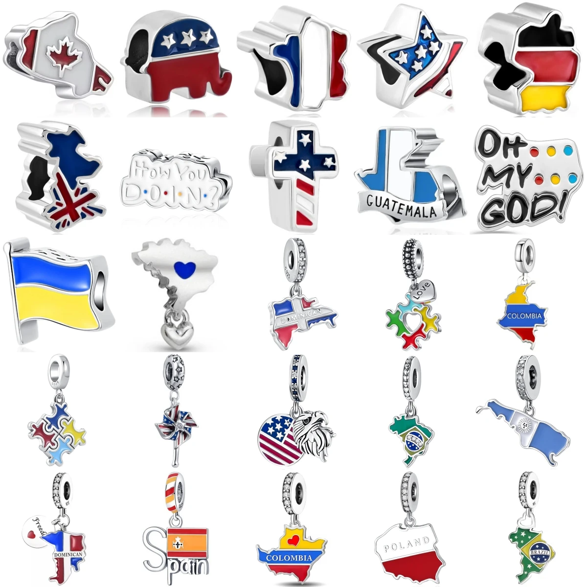 925 Sterling Silver Country Flag Map Charms World National Flag Dangle Beads Fit Travel Souvenir DIY Jewelry Gift