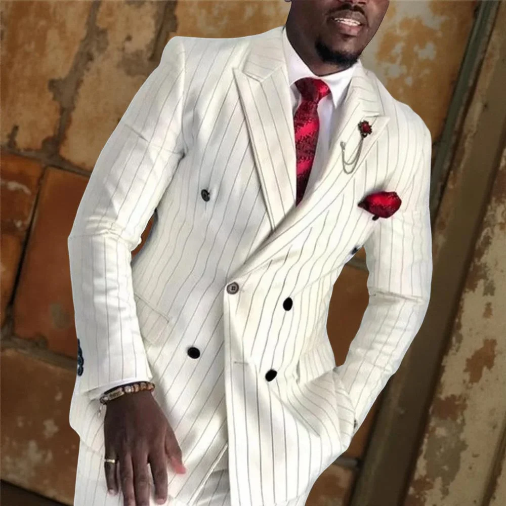 

Striped Wedding Suits for Men Double Breasted Groom Tuxedo 2 Pieces Pinstripe Style Set Jacket with Pants Formal Customized Suit