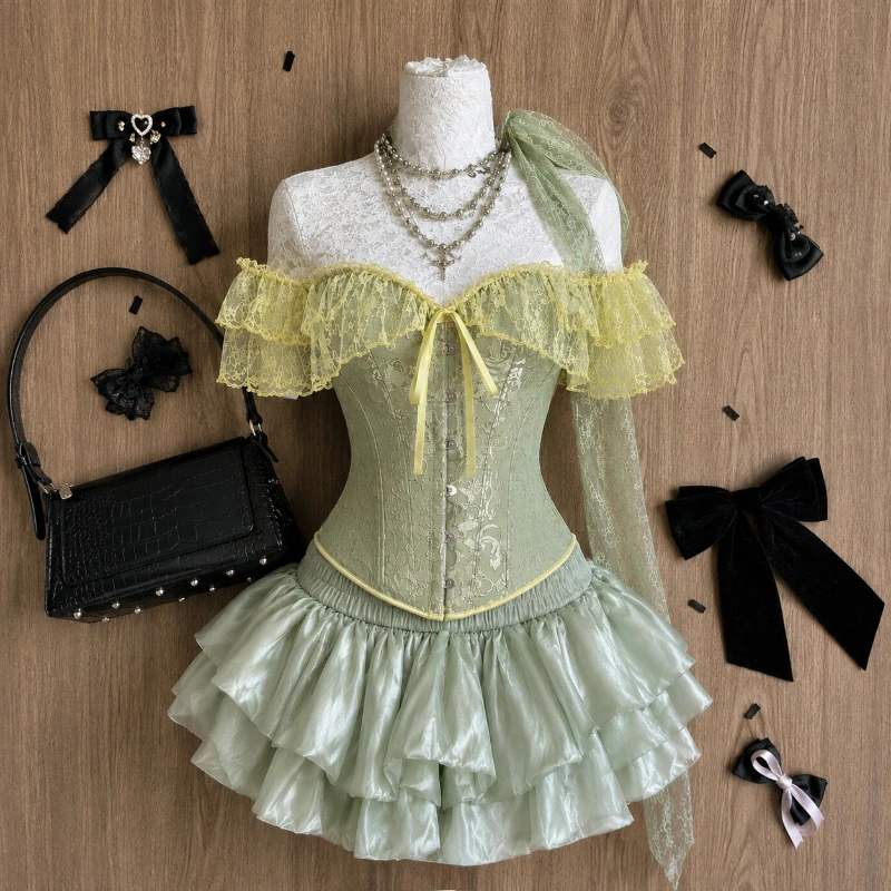 Y2k Dark Gothic Lace Corset Set Women Off Shoulder Bow Decor Tops Multi-Layer Ruffle Mini Skirt Sexy Club Wear - view 3