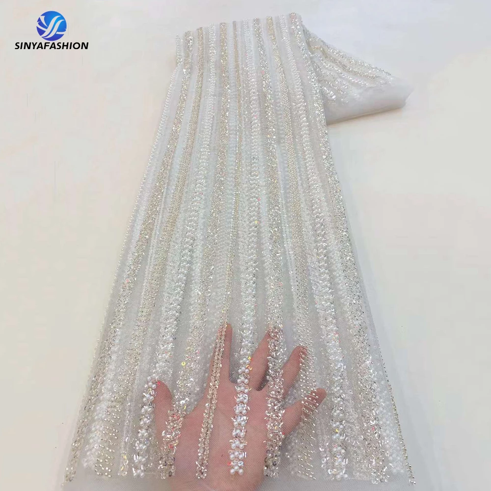 

White African Sequins Pearls French Embroidery Lace Fabric 2024 High Quality Luxury Beaded Bridal Wedding Lace For Women Dress