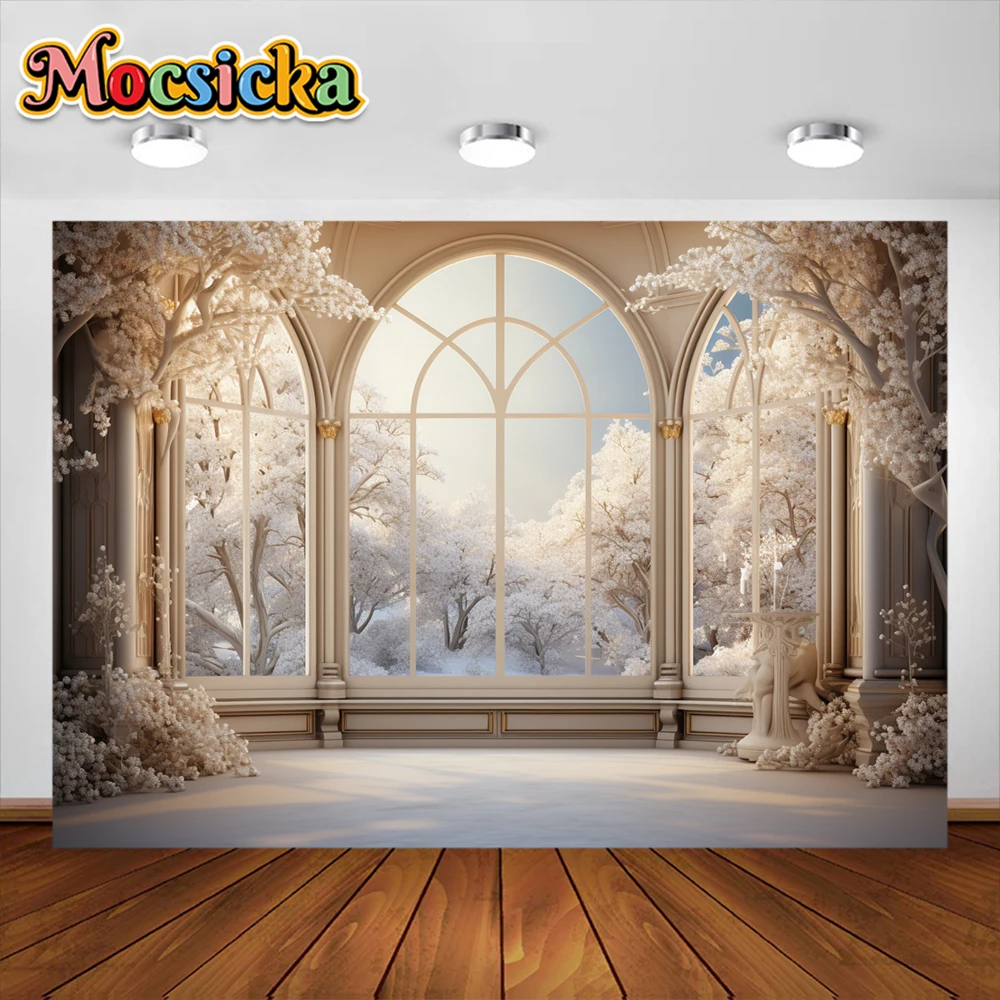 Winter Christmas Photography Background Window Forest Snow Xmas Kids Family Party Portrait Decor Backdrop Photo Studio Props