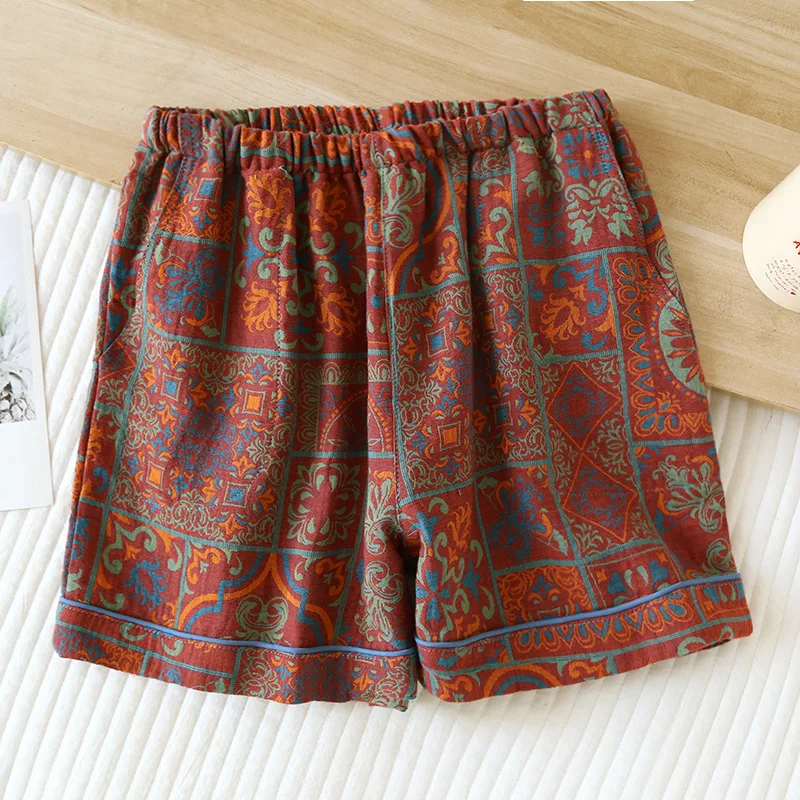 

2025 Japanese Summer New Women's Shorts and Sleepwear 100% Cotton Women's Vintage Printing Thin Loose Home Pants