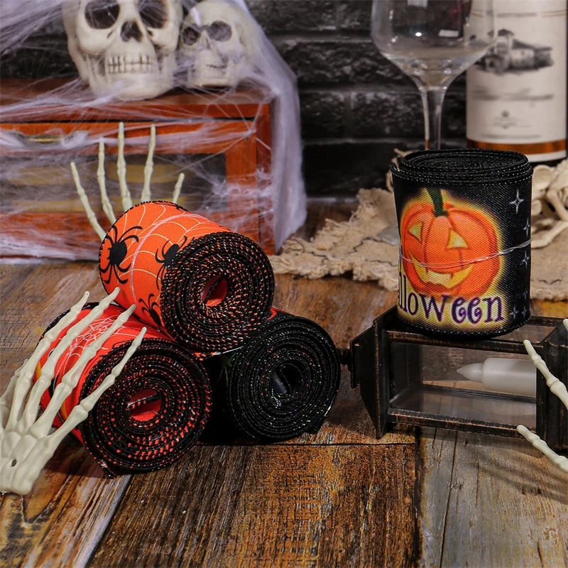 5 Yards Halloween Wired Edge Ribbons Spider Web Printed Ribbon Bat Pumpkin Ribbons For Halloween Home Craft Decor