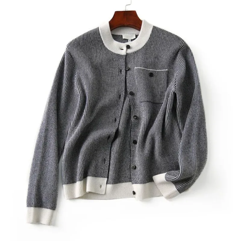 Knitted Cardigan Coat Women Vintage Long Sleeve Sweater Korean Fashion Striped Office Lady Clothes Single-breasted Pocket Jumper
