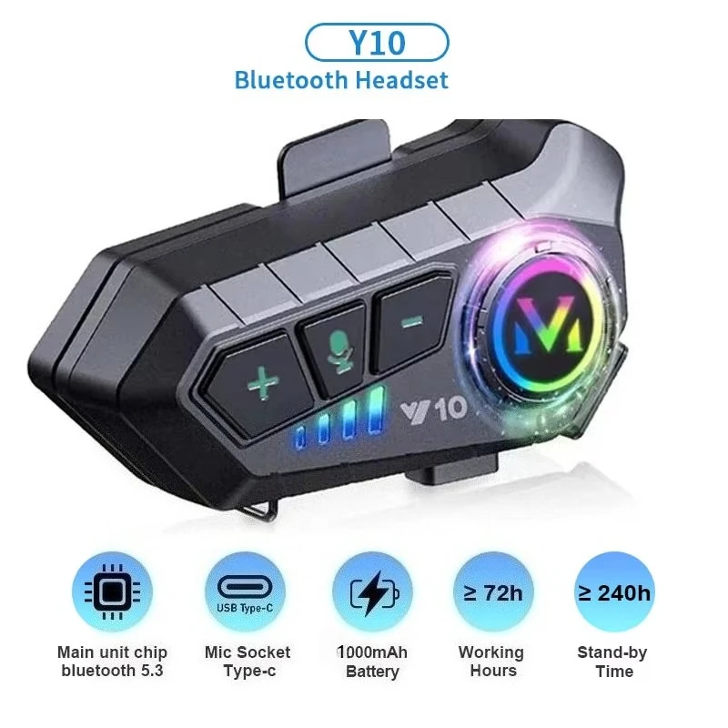 Y10 Гарнитура для мотоциклетного шлема Bluetooth 5,3 Голосовое управление Мотоциклетная беспроводная гарнитура для громкой связи Водонепроницаемая