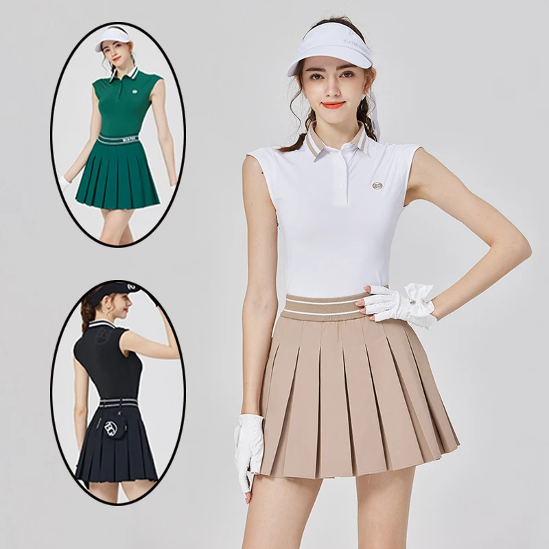 Blktee Sports Polo Collar Golf Shirts Ladies Sleeveless Slim Tank Tops T-shirt Women's Pleated Skirt Tennis Skort Breathable Set