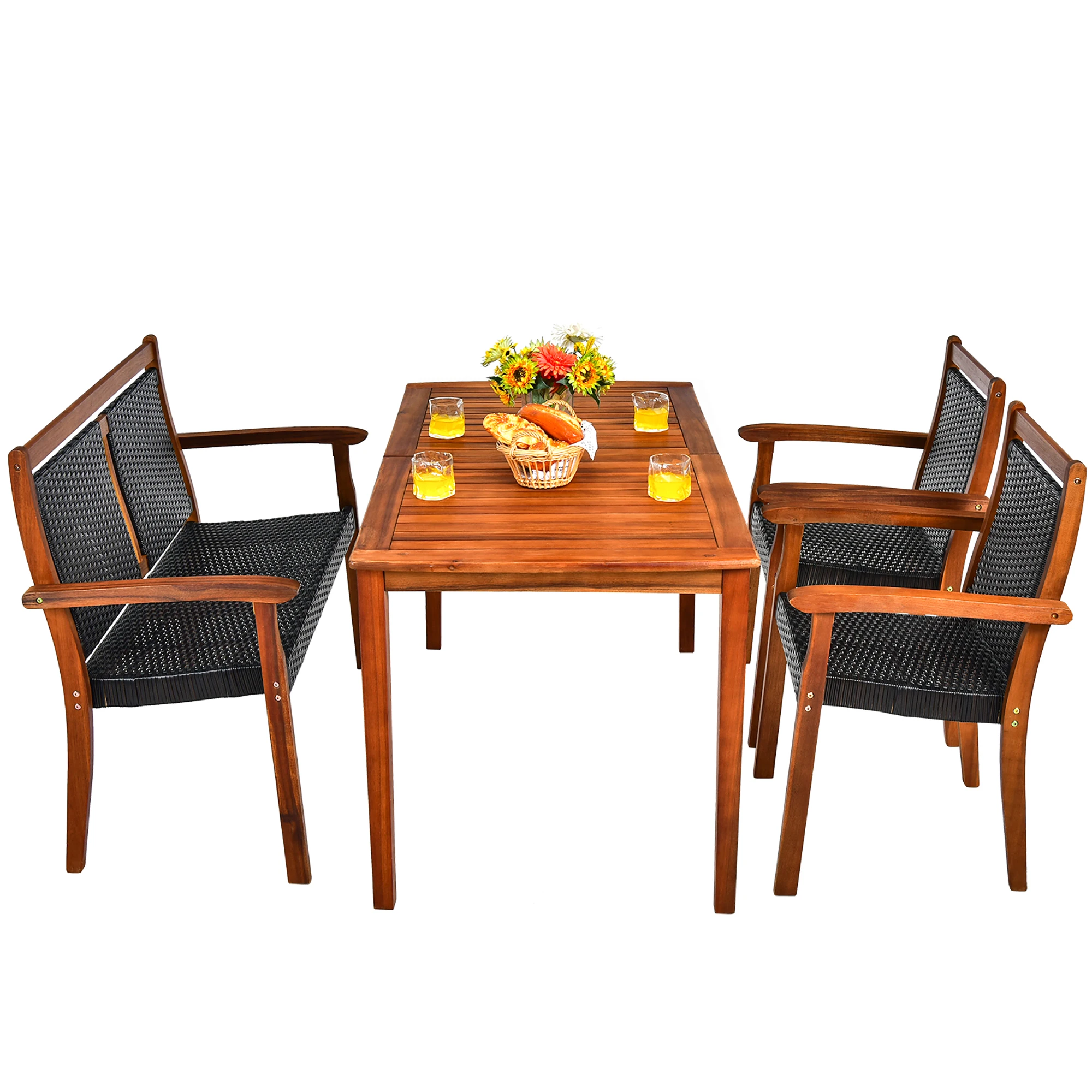 4PCS Patio Rattan Dining Furniture Set Acacia Wood Frame Chair Loveseat