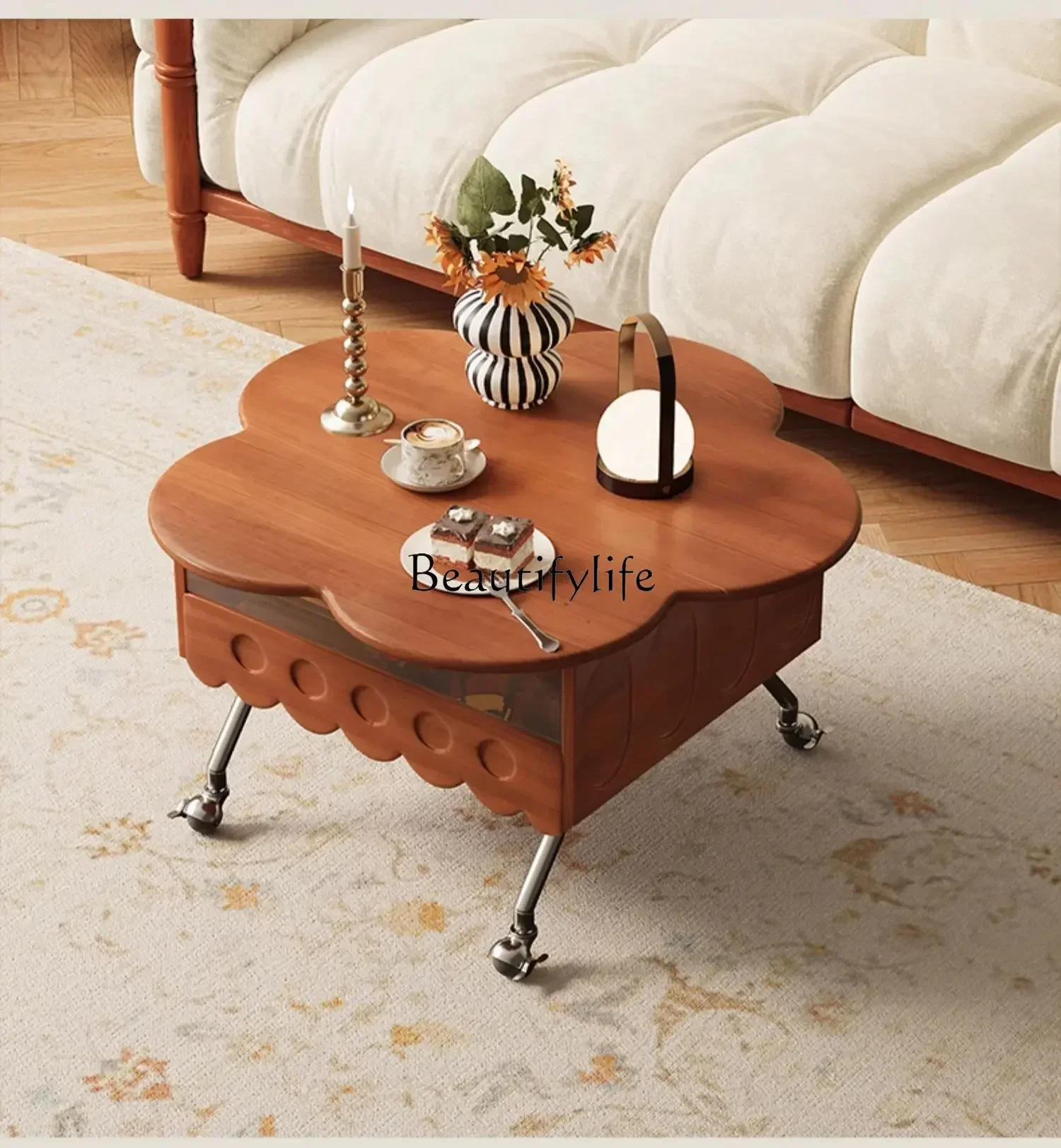 

XXSolid wood lifting rock slab petal coffee table French retro living room removable tea table