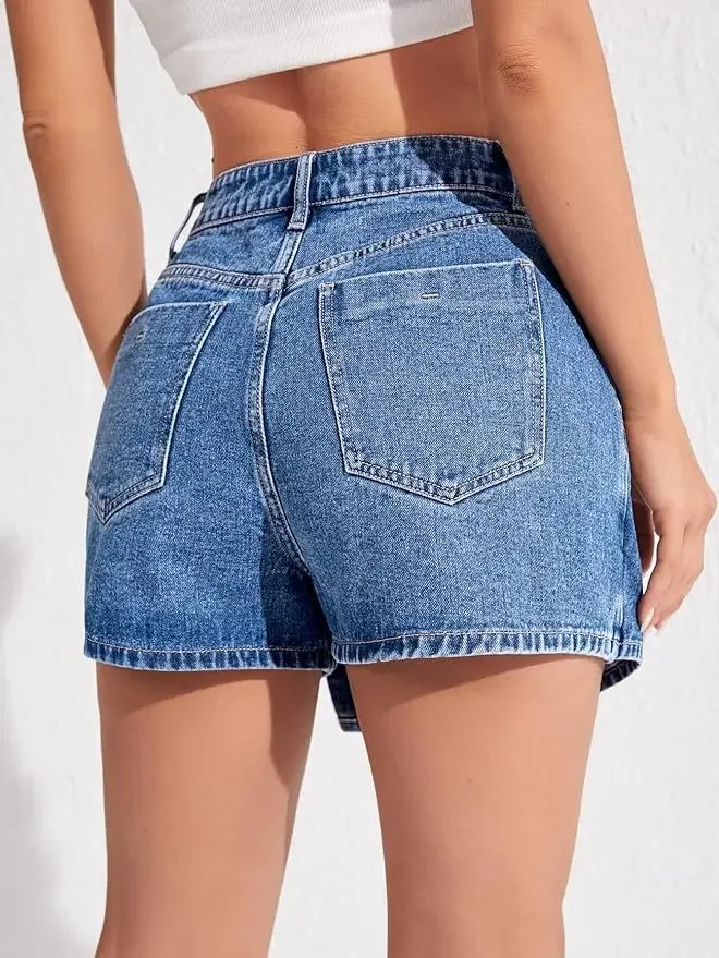 Chic Asymmetrical Hem Denim Skort for Women High Waist Button Fly Jean Skorts with Split Side & Pockets Shorts Skirts Harajuku