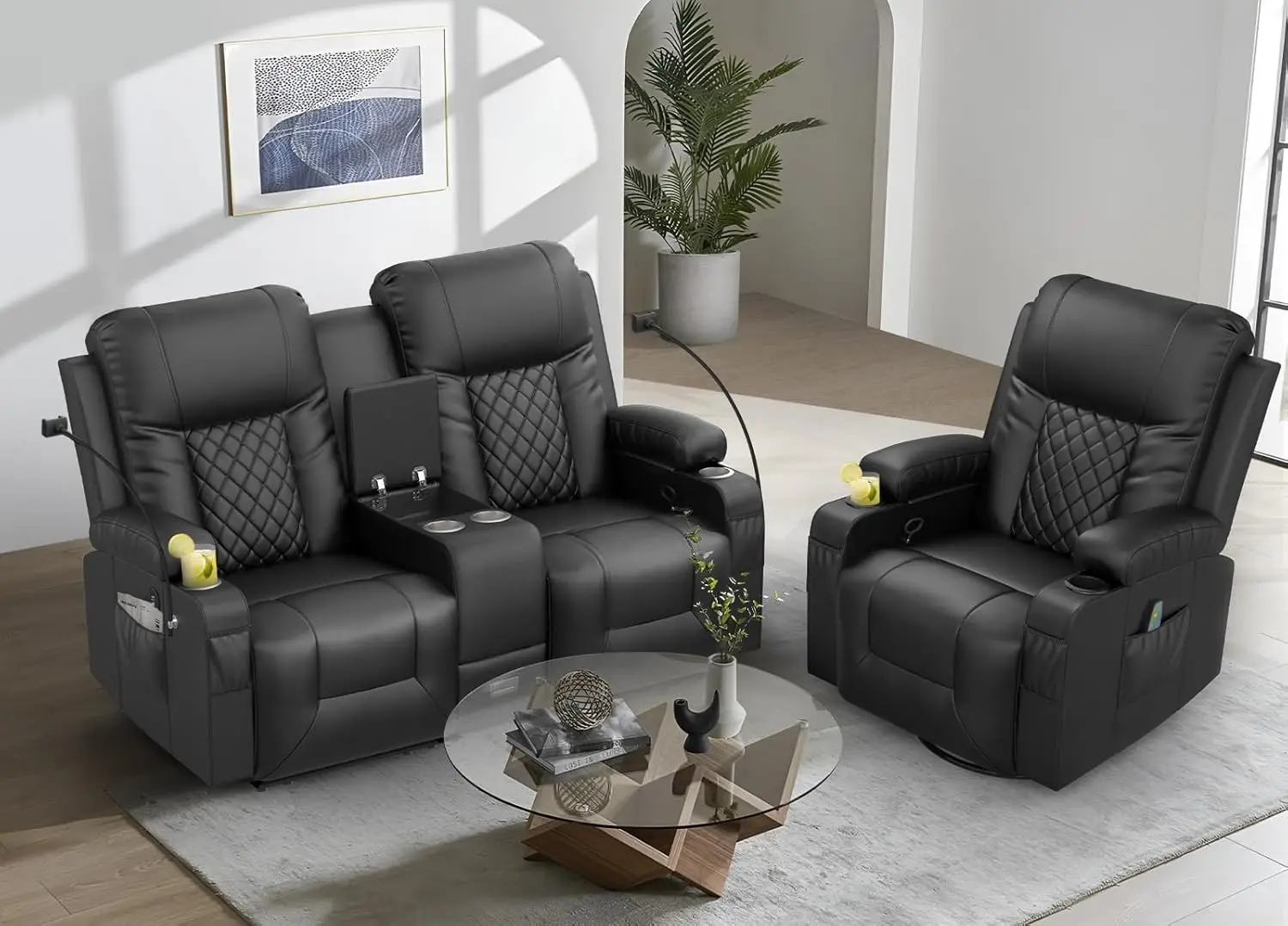 

Living Room Furniture Set, Loveseat Recliner Seater and Swivel Recliner Chair with Massage, Sof Set for Living Room