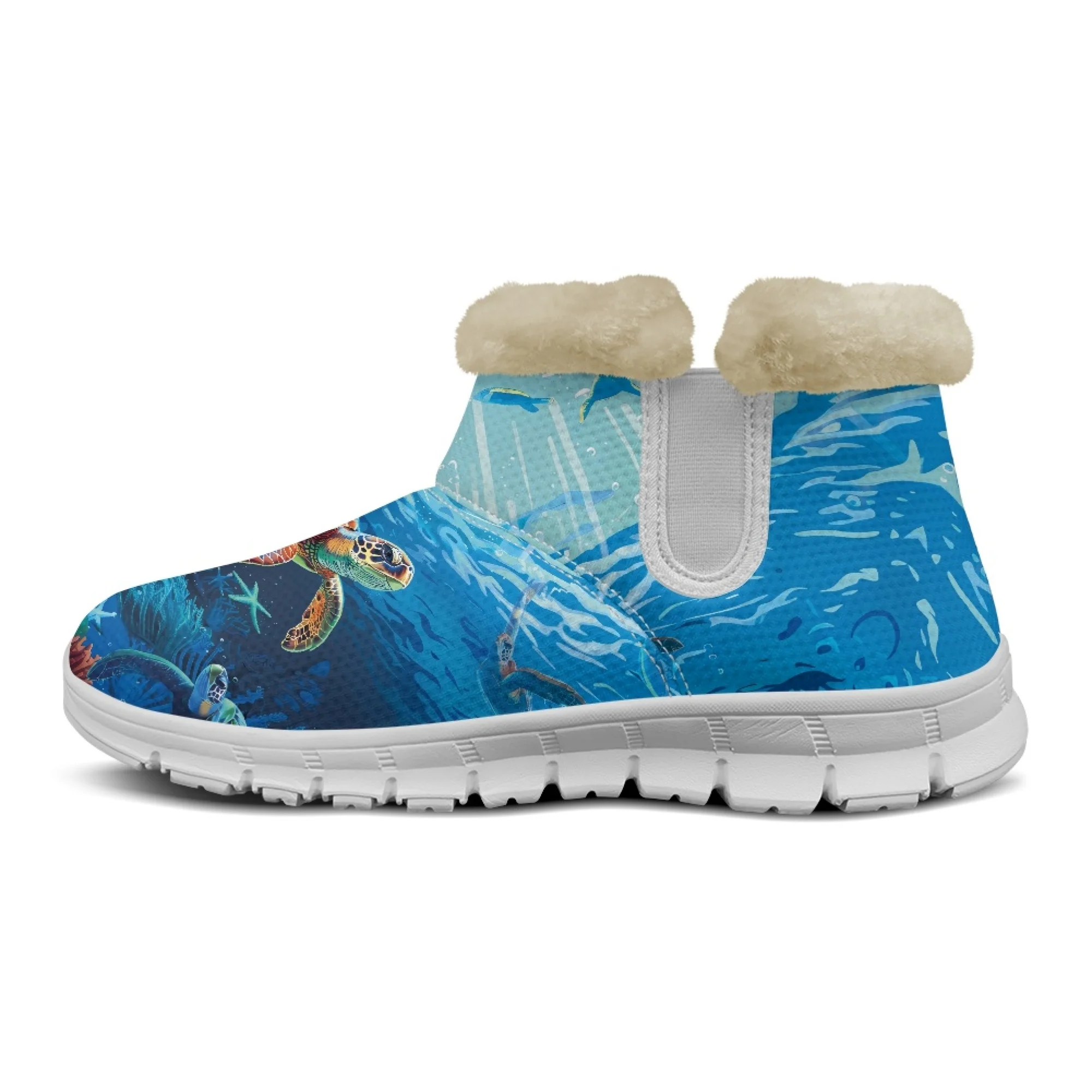ELVISWORDS Blue Sea Print Turtle Pattern Winter Boots for Women Furry Ankle Boots New Short Plush Lady Comfort Casual Boots image 6