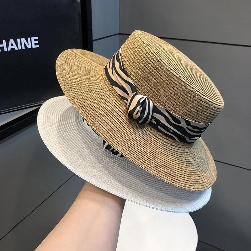 French Vintage Zebra Print Straw Hat, Flat Top Wide Brim Sun Cap for Women, Summer Beach Vacation, Outdoor UV Protection