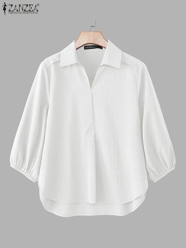 

ZANZEA Fashion Blouse Women 3/4 Lantern Sleeve Solid Color Tops Turn-Down Collar Casual Asymmetrical Tunic Summer Pullover Blusa