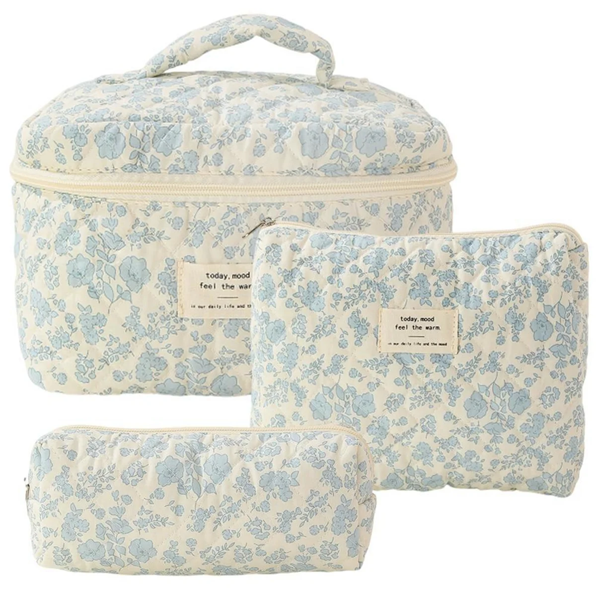 Trousse de maquillage en coton matelassé pour femme, trousse de toilette florale esthétique, 3 pièces