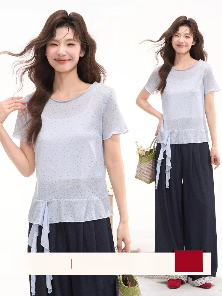

Korean Style Sweet Floral Short Sleeve T-Shirt Women's Blouse Hem Ruffle Sash Standard Fit round Neck Casual Summer Top