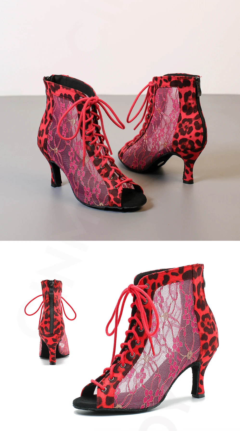CINMIDY Damen Spitzen-Mesh-Tanzstiefel Rot Weiche Sohle Salsa Tango Latein Tanzschuhe Leopardenmuster Pole Dance Indoor Party Schuhe – Detail 9