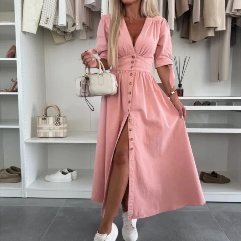 

Women Deep V Neck Single-breasted Cardigan Thin Denim Dresses Lace-up Short Sleeve Dress Casual Fashion Female High Waist Dress