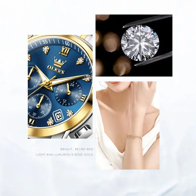 OLEVS 2858 ساعة نسائية ماركة فاخرة ساعة كوارتز مقاوم للماء مضيئة تاريخ كرونوغراف المرأة سوار فستان ساعة ماسية Reloj