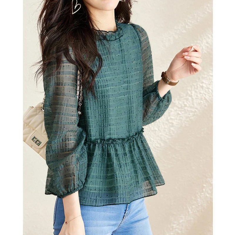 Simple Chic Green Ruffle Long Sleeve Elegant Fashion Top Blouse Women Spring Print Office Lady Casual Shirts Blusas Clothing2023