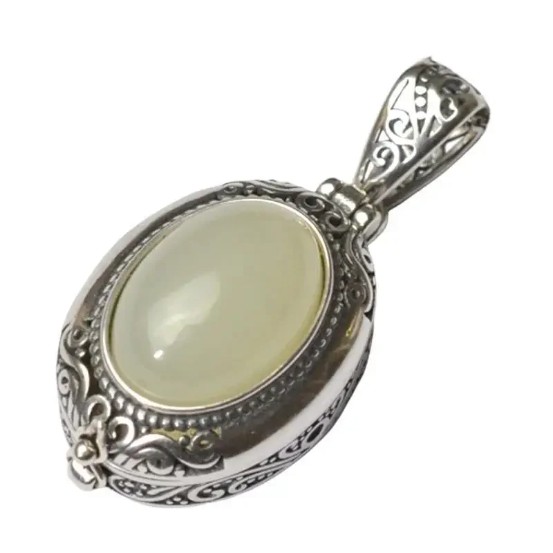 Fashionable White Jade Gawu Box Pendant Openable Copper Mirror Box Sachet Necklace Women\\\\\\\'s Fashion Dinner Party Jewelry